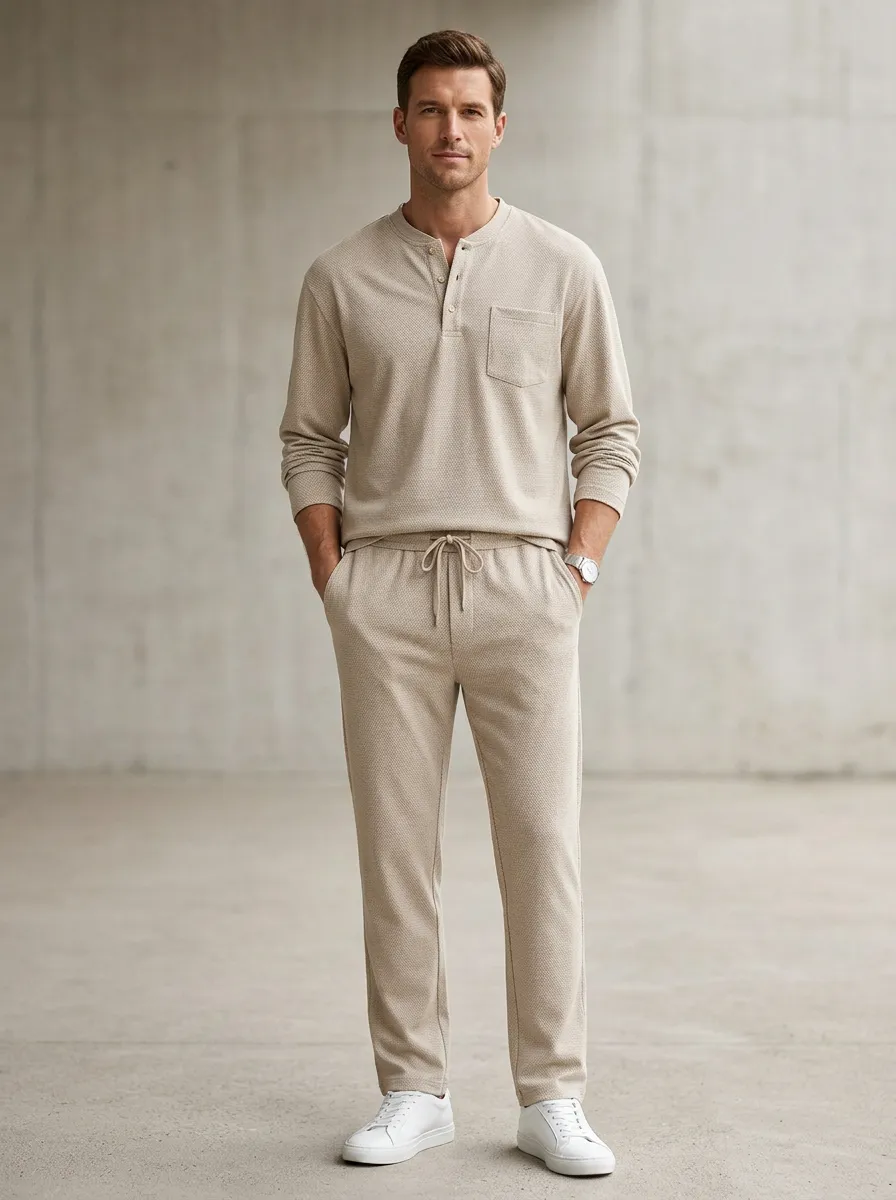 Modern Waffle Knit Henley Essential Men's Long Sleeve Top and Pants Two Piece Set