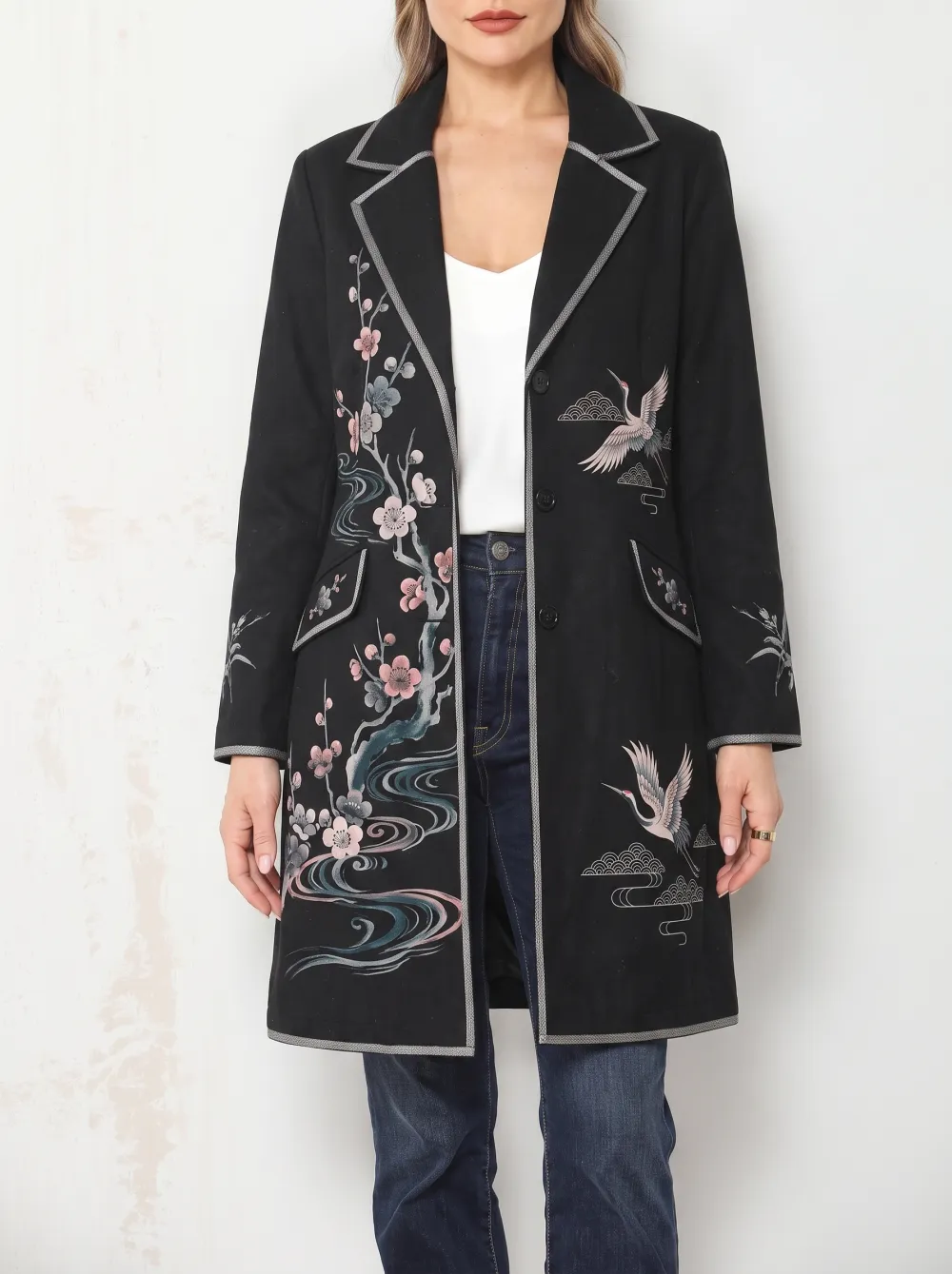 Women's Oriental Crane Plum Blossom Printed Blazer Coat