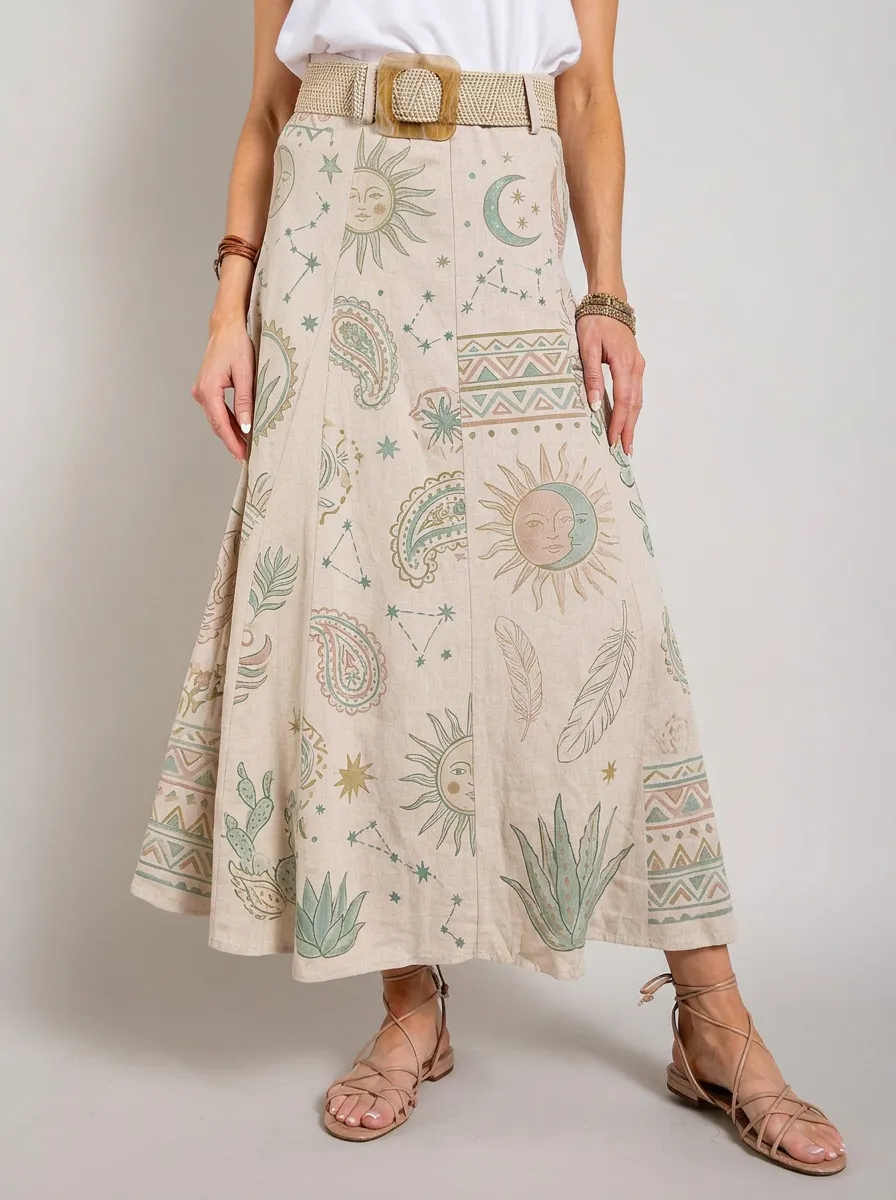 Women's Bohemian Celestial Sun Moon Paisley Printed Midi Skirt