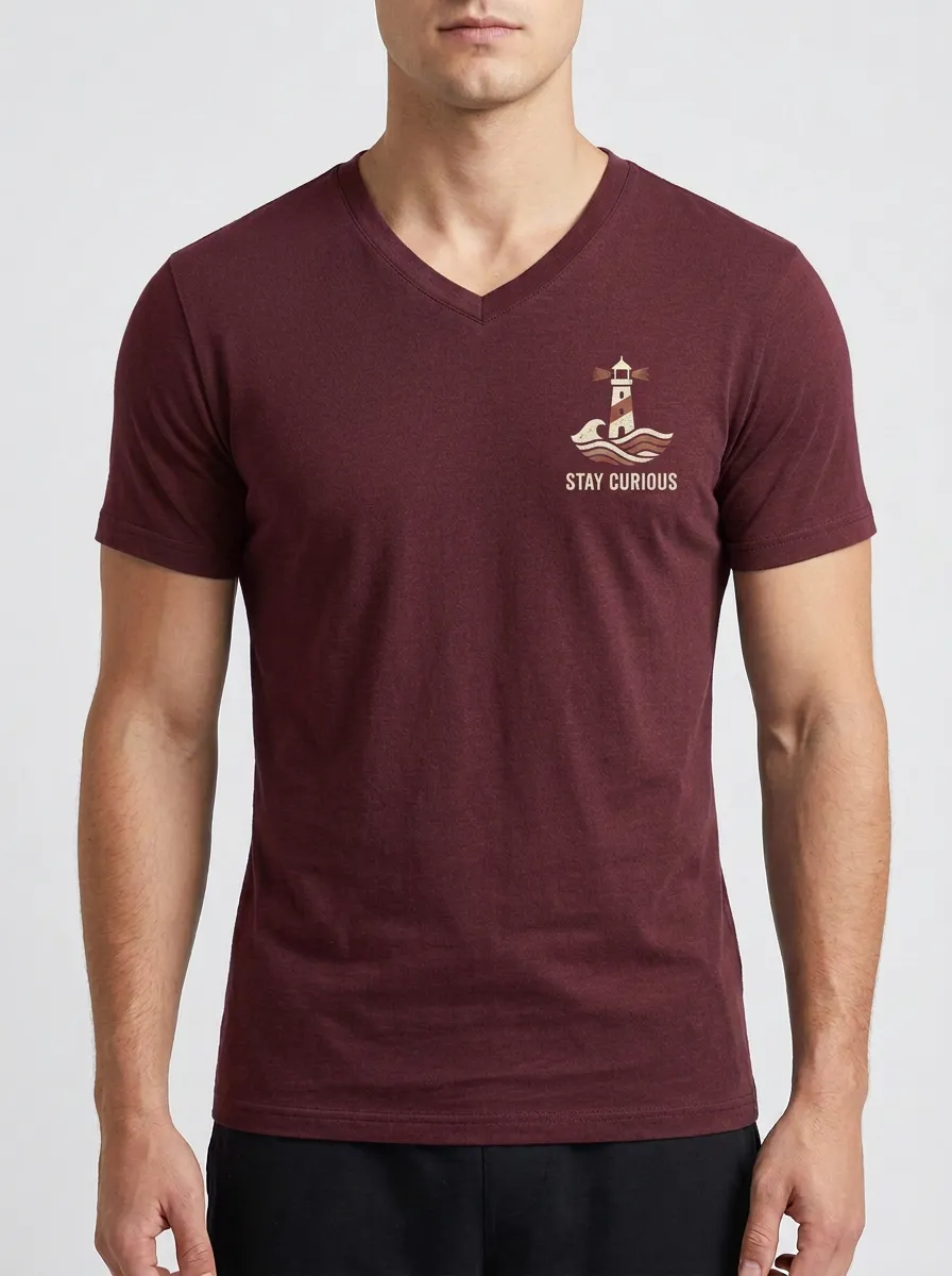 Men's Nautical Adventure Stay Curious Lighthouse Printed V-neck T-shirt