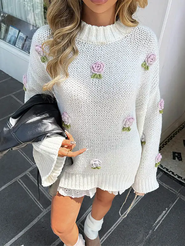 Floral Detail Paneled Mock Neck Long Sleeve Relaxed Fit Pullover Sweater