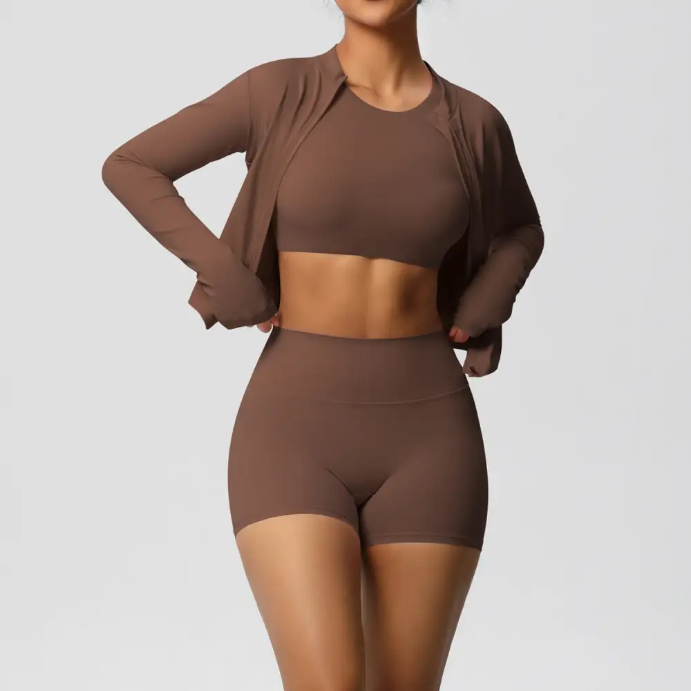 Zip-Front Long-Sleeve Jacket, Bra and Shorts Active Set