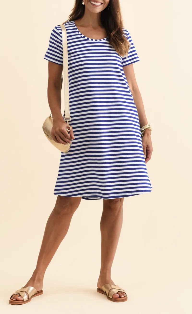 Cotton Knee-Length Striped Pocket Round-Neck Short-Sleeve A-Line T-Shirt Dress