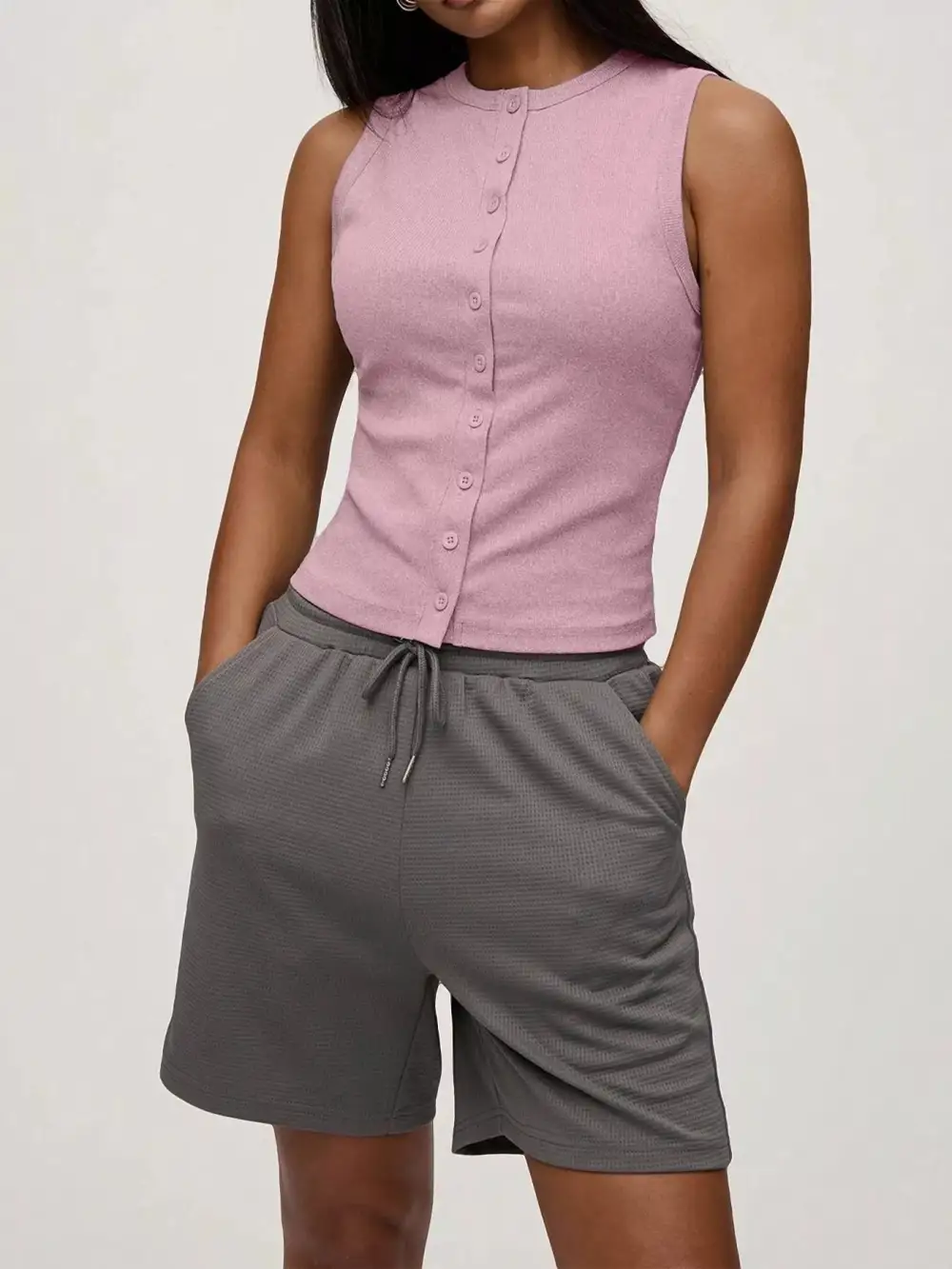 Ribbed Button Front Sleeveless Tank