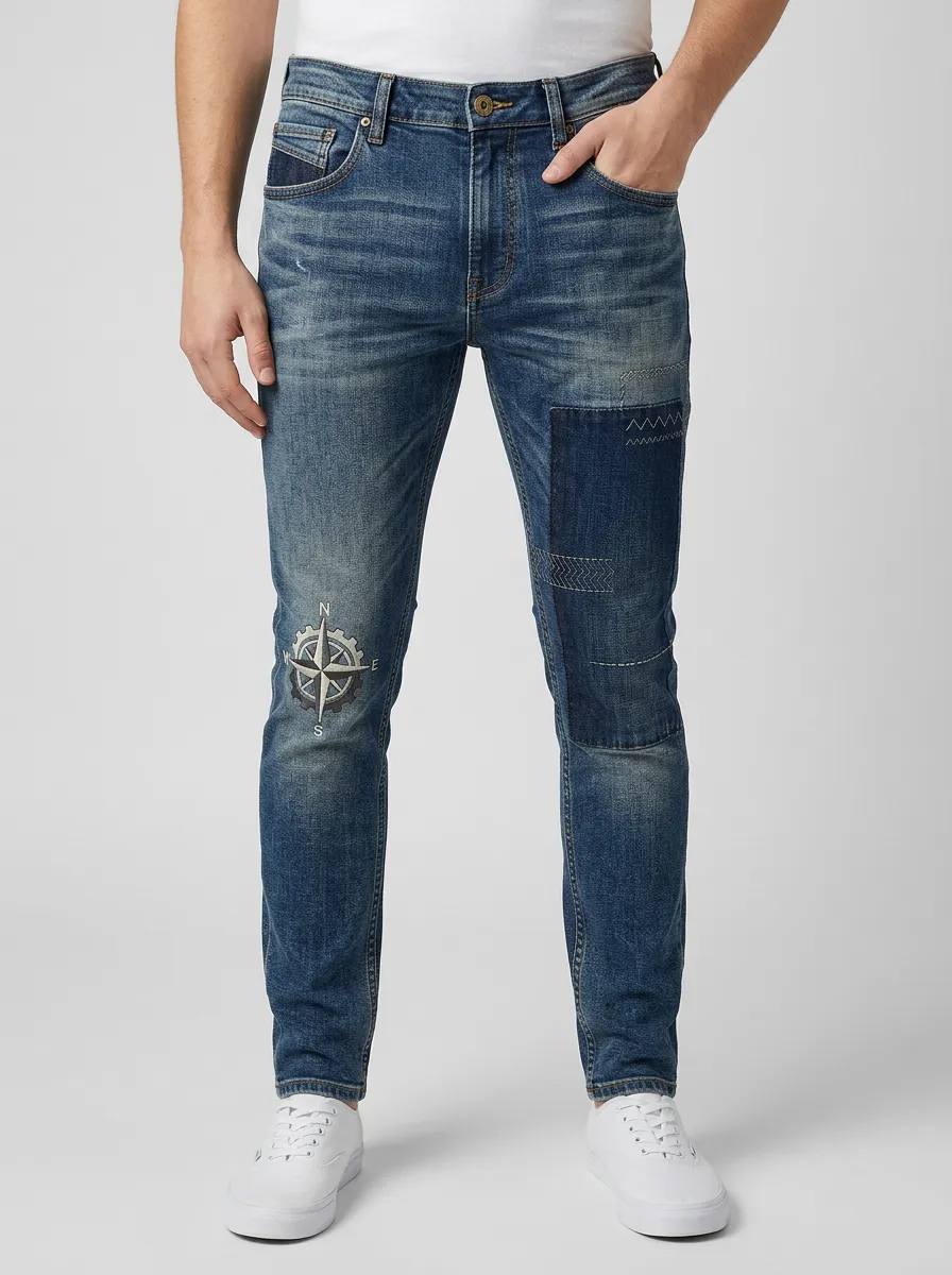 Men's Mid-Blue Travel Explorer Compass Patchwork Slim Fit Jeans