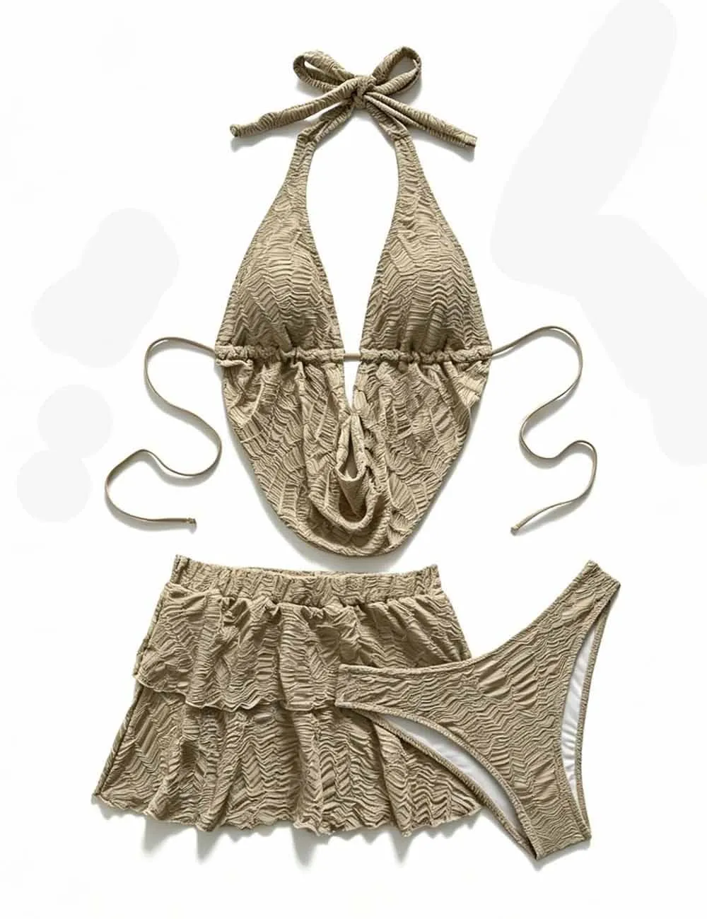Cowl Drape Detail Triangle Bikini Set with Mini Skirt