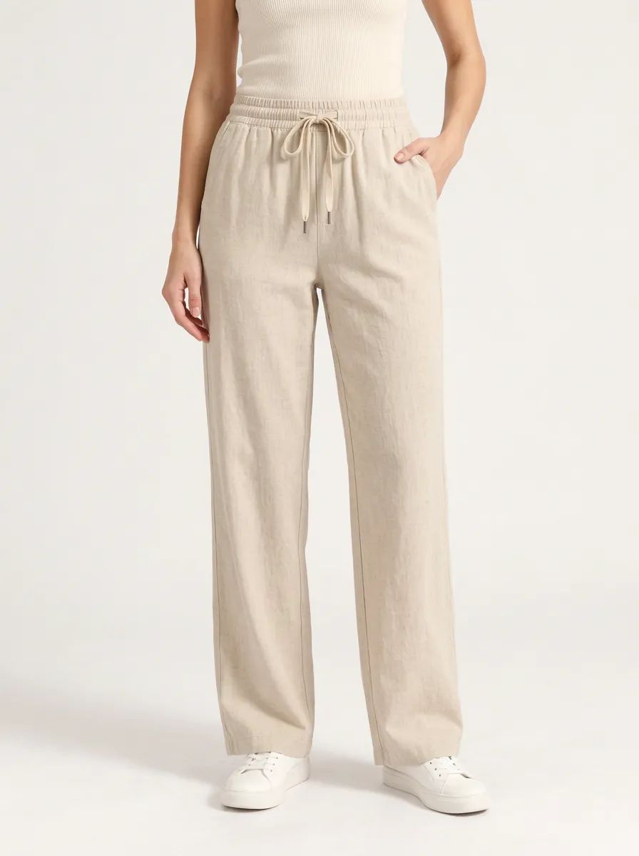 Women's Beige Casual Elastic Waist Pants with Drawstring and Linen