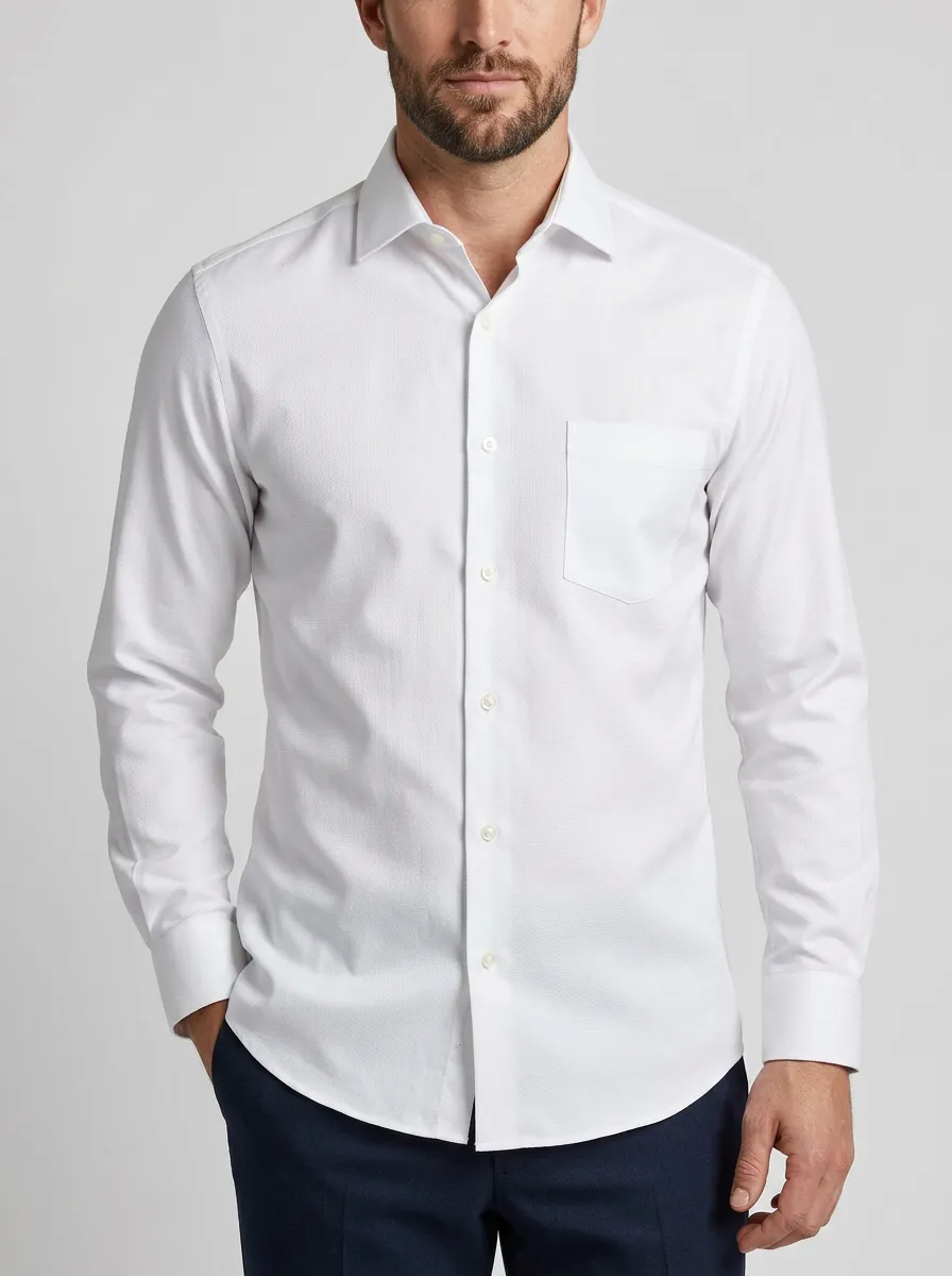 Men's White Point Collar Long-Sleeve Dress Shirt