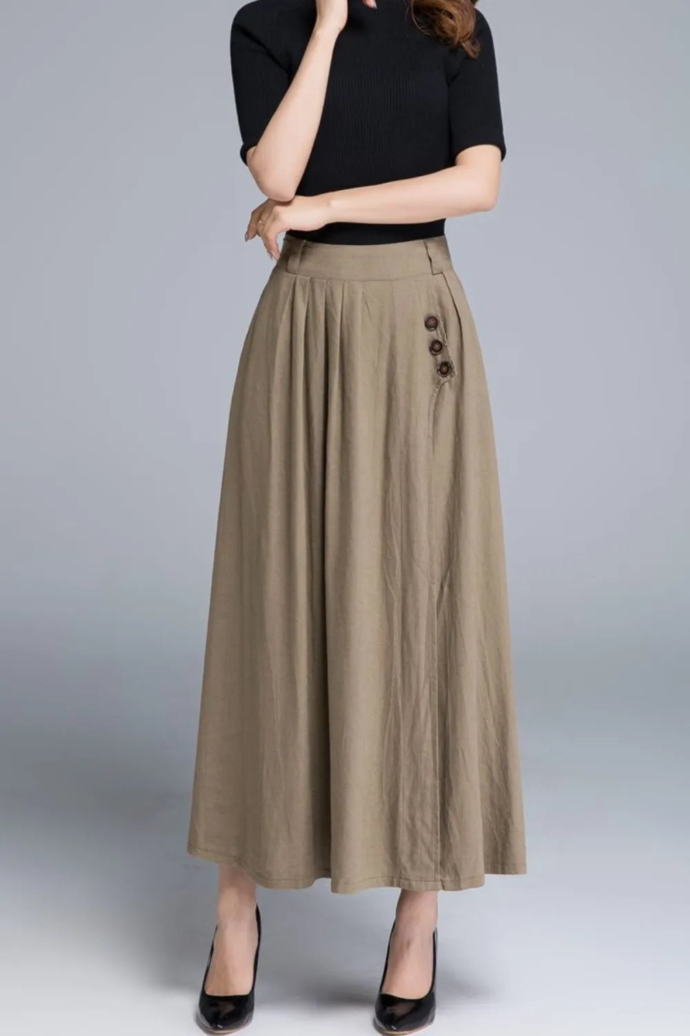 Checkered Linen Pleated High Waist Maxi Skirt