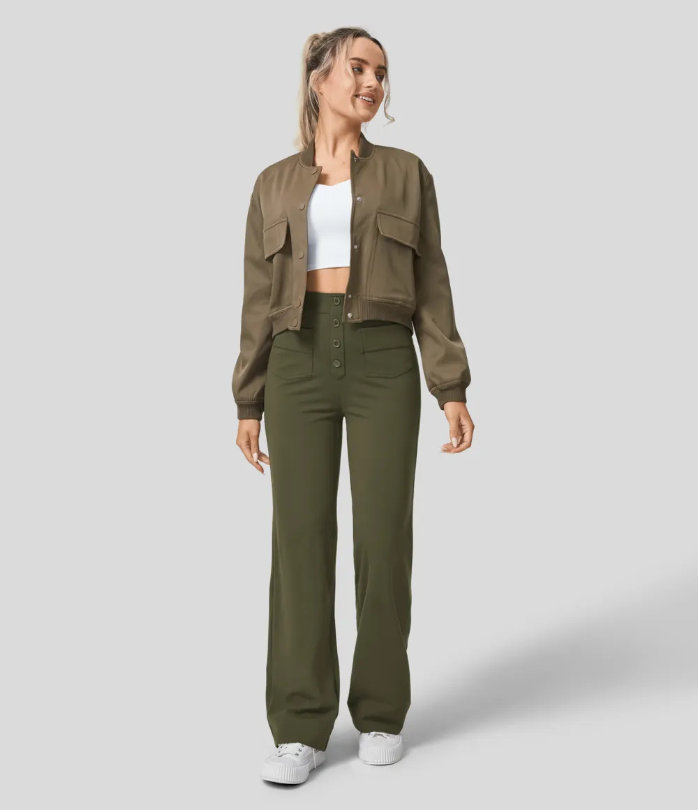 High Waisted Button Multiple Pockets Straight Leg Casual Pants