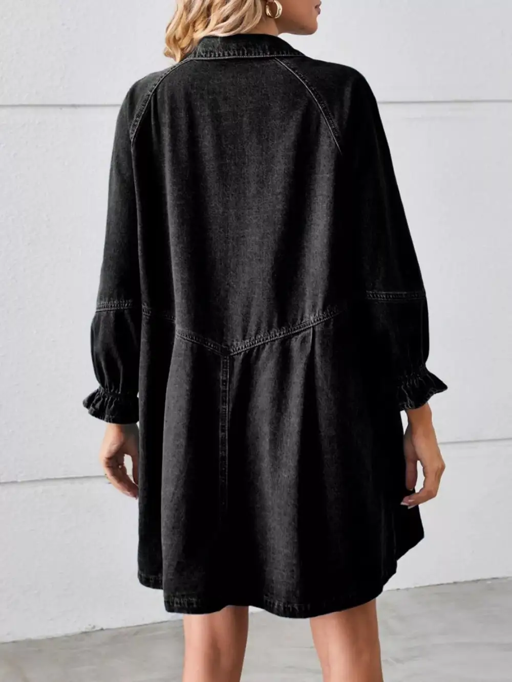 Gathered Detail Denim Button Front Ruffle Dress