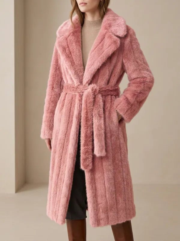 Side Pockets Faux Fur Belted Long Coat