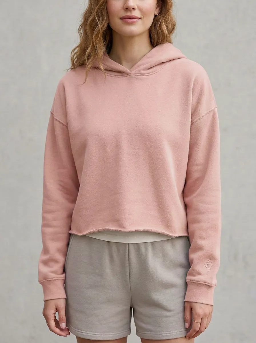 Women's Sage Green Minimalist Solid Color Raw Hem Cropped Hoodie
