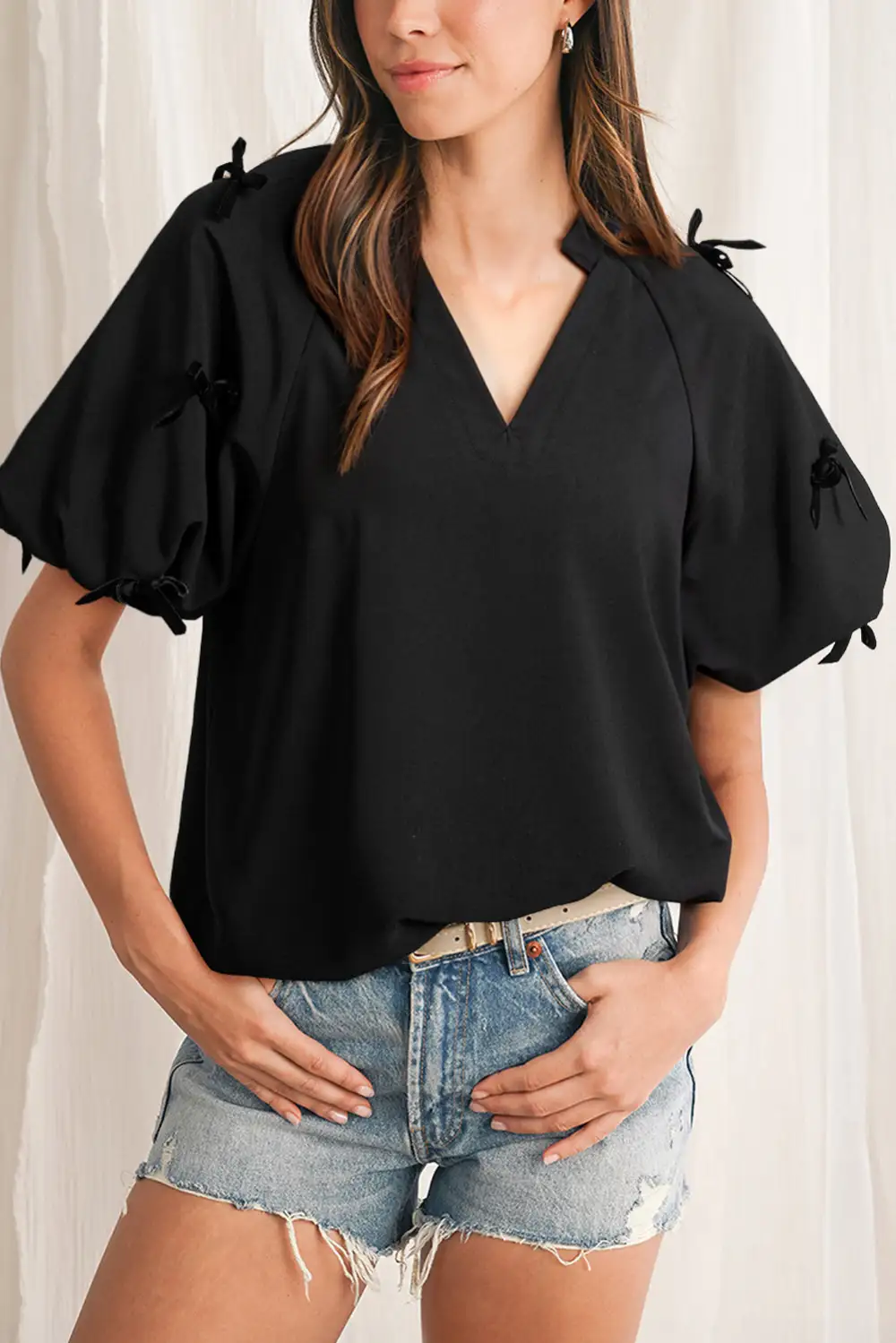 Bow Detail Puff Sleeve Split Neck Blouse