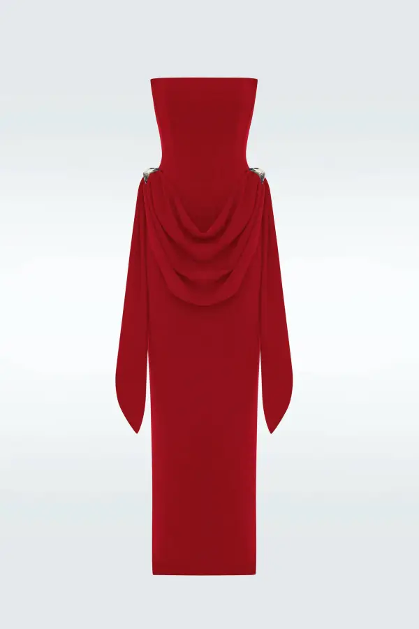 Strapless Ruched Metal Buckle Maxi Dress