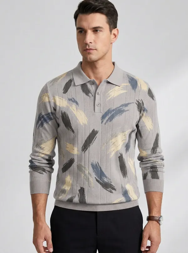Men's Abstract Brushstroke Pattern Printed Long Sleeve Polo Shirt Modern Pattern