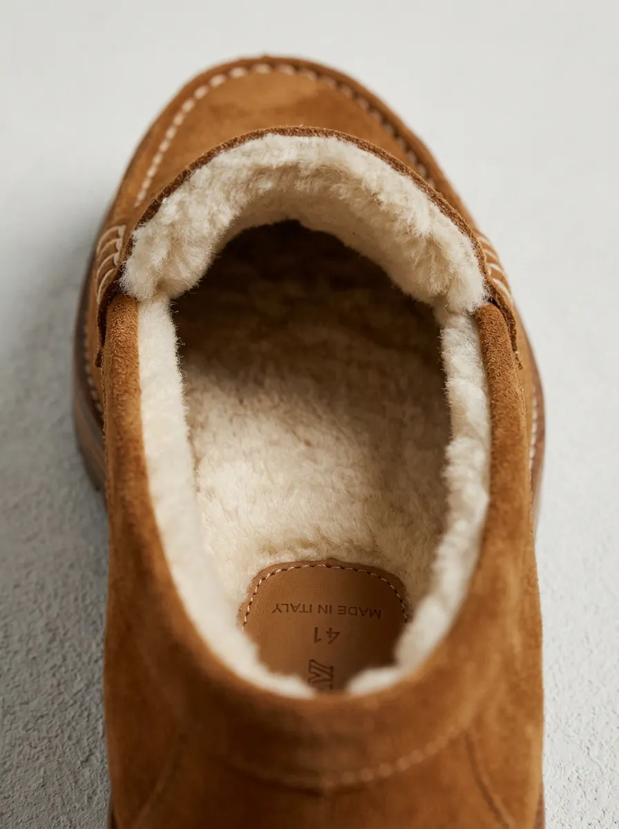 Women's Modern Faux Fur Lined Winter Suede Wood Sole Loafers