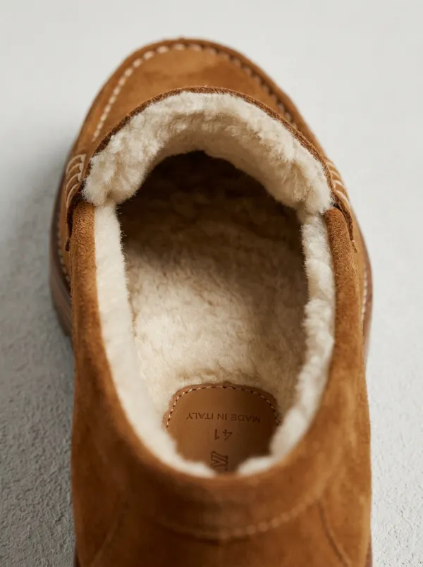 Women's Modern Faux Fur Lined Winter Suede Wood Sole Loafers