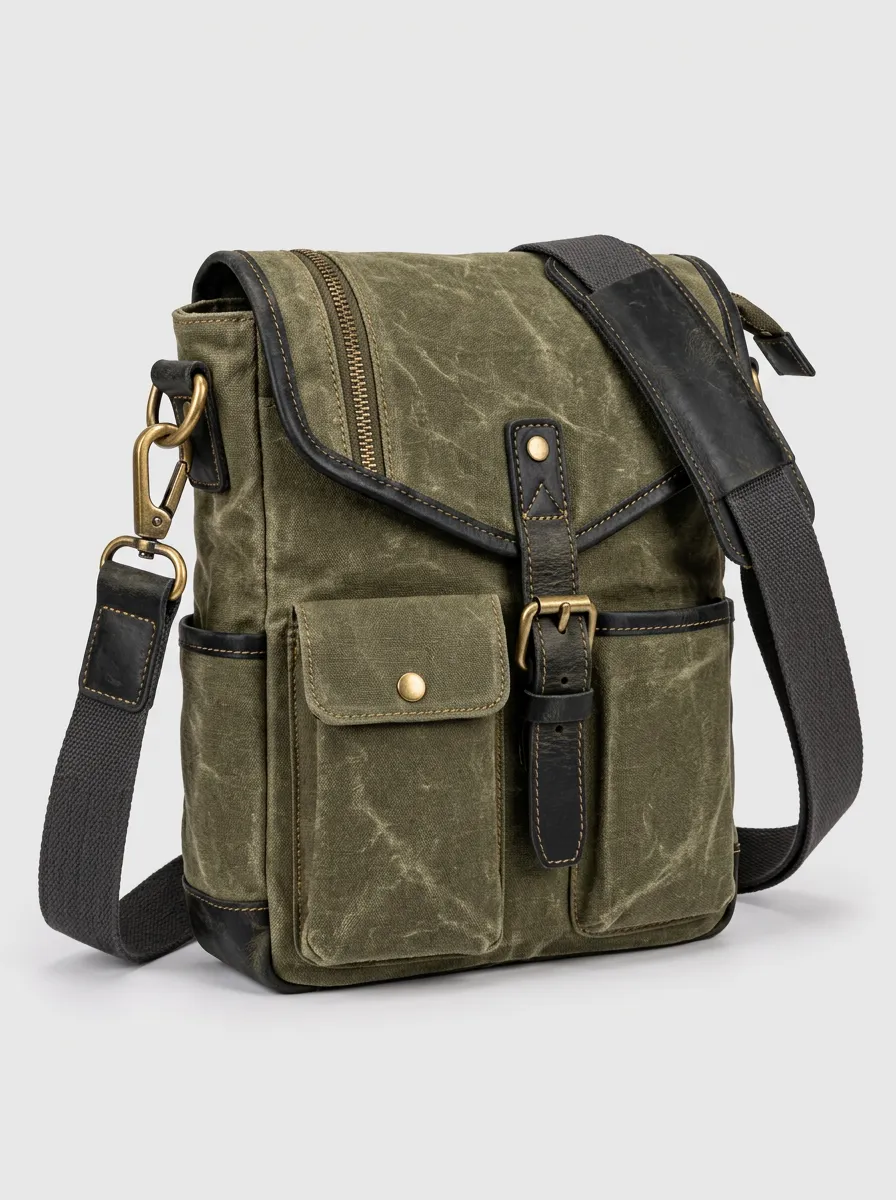 Men's Field Inspired Waxed Canvas Crossbody Bag with Leather Trim