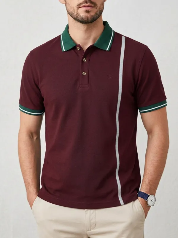 Men's Casual Fashion Vertical Stripe Contrast Collar Printed Polo Shirt