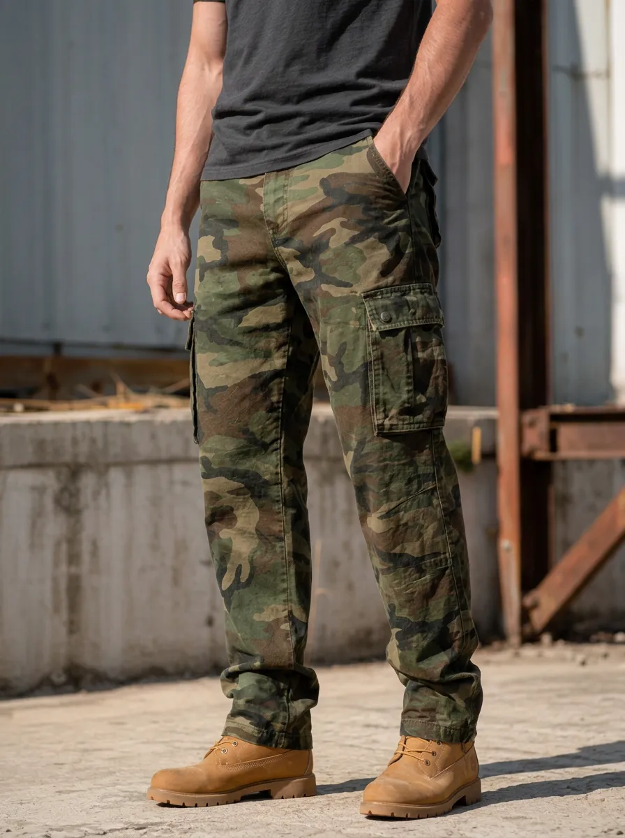 Men's Utility Desert Camo Button-Flap Pocket Straight Leg Cargo Pants