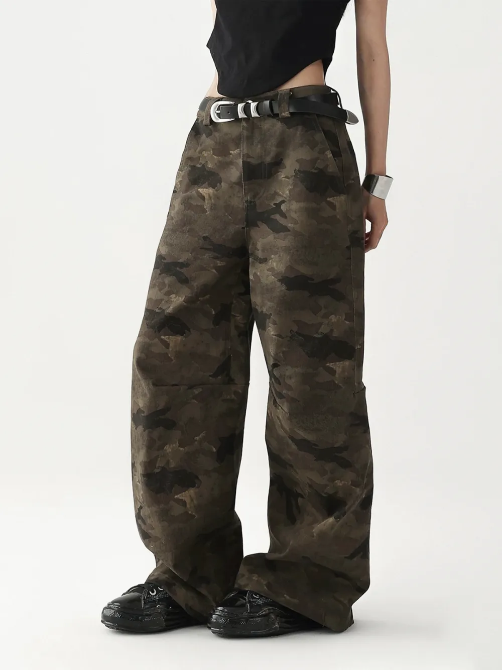 Wide-Leg Camouflage Structured Utility Pants