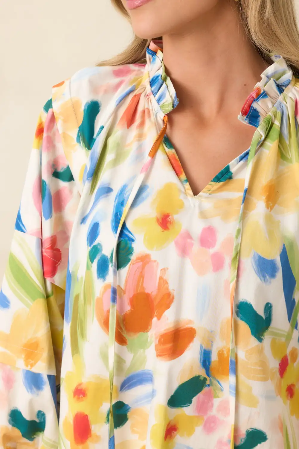 Long-Sleeve Abstract-Floral Floral-Print Cotton Top