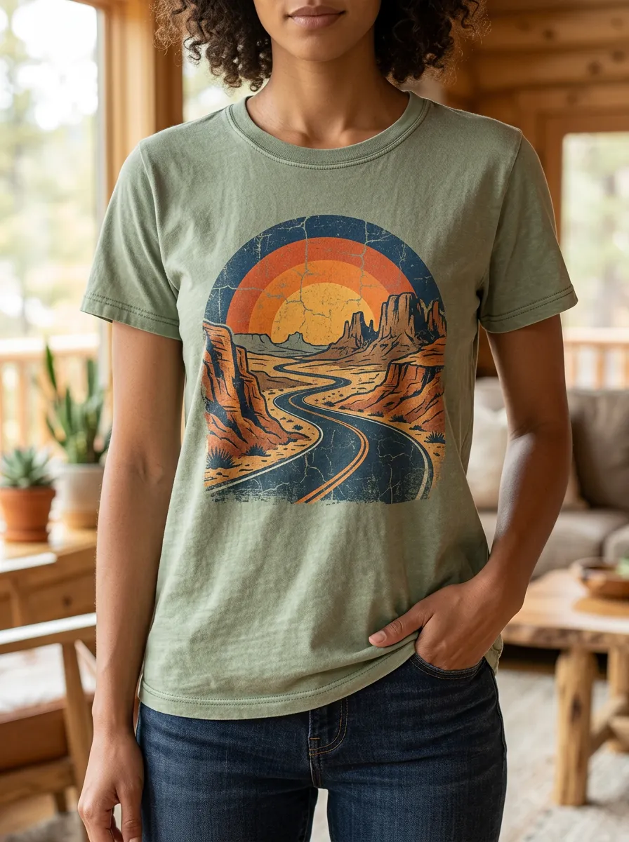 Women's Lakeside Retro Desert Road Sunset Crew Neck T-Shirt