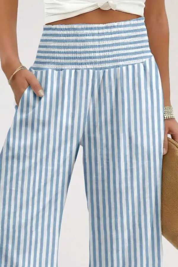 Striped Wide Leg Pants with Smocked Waist