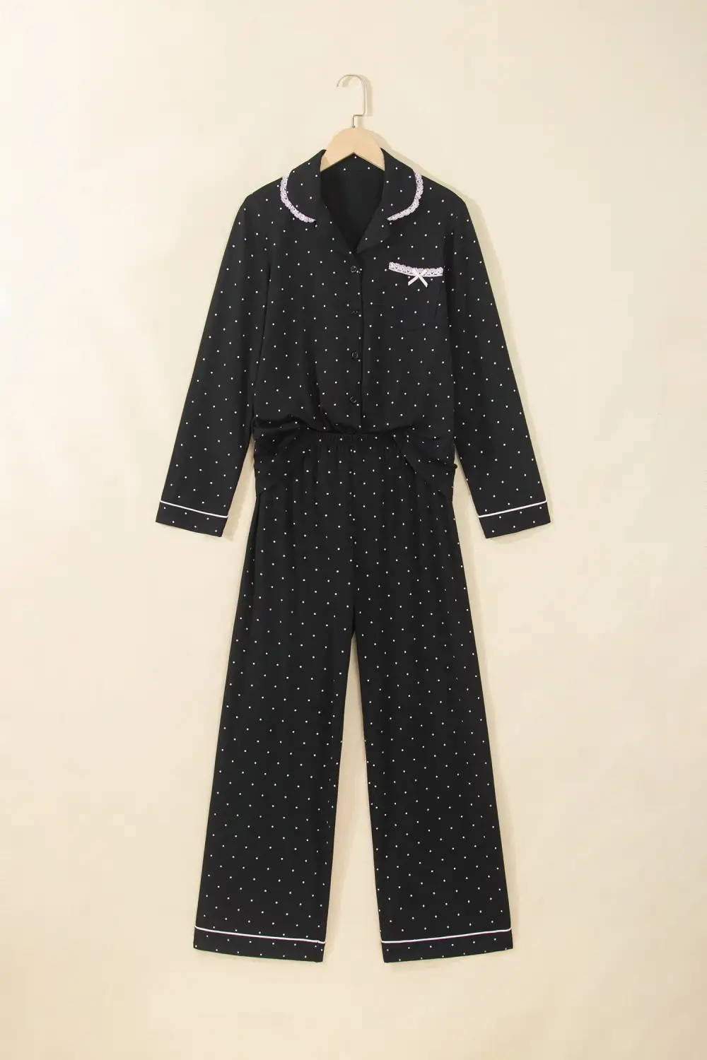 Women's Polka Dot Long Sleeve Shirt Lace Detail Two Piece Pajama Pant Set