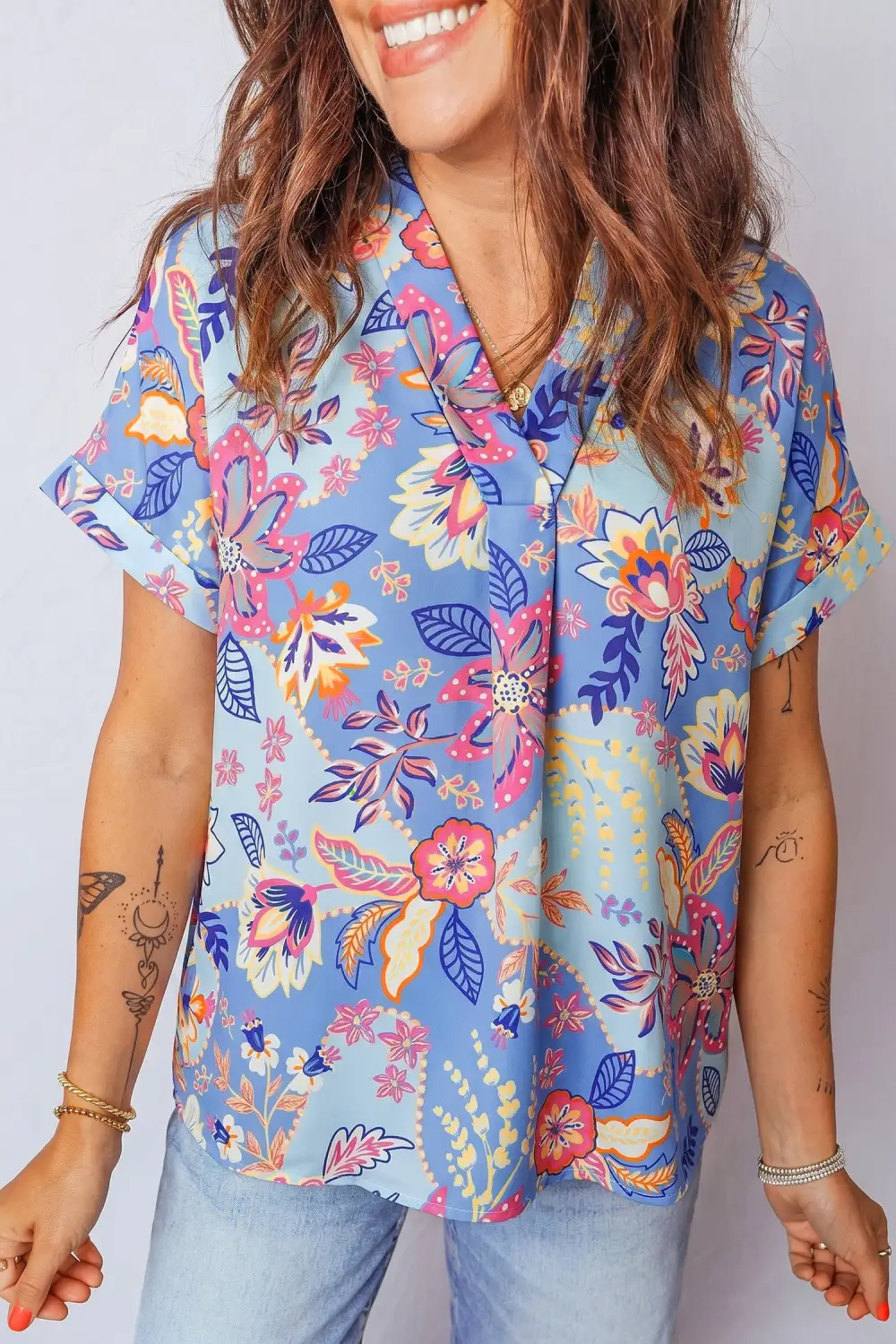 Women's Floral Print V Neck Vacation Style Top