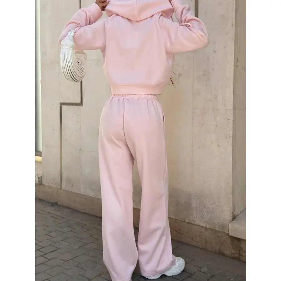 Zip Up Drawstring Hoodie and Pants Set