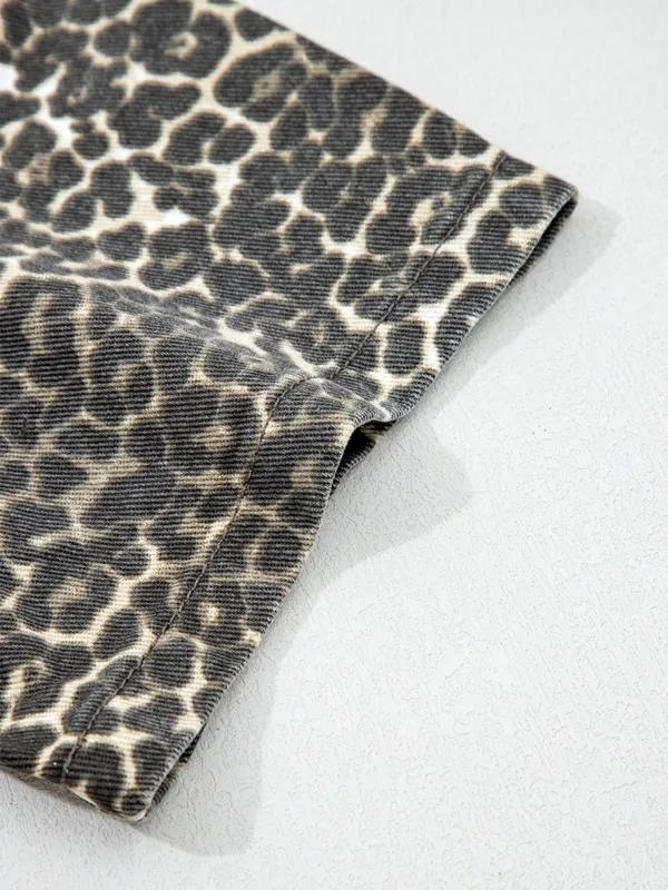 Leopard Print Short-Sleeve Denim Shirt