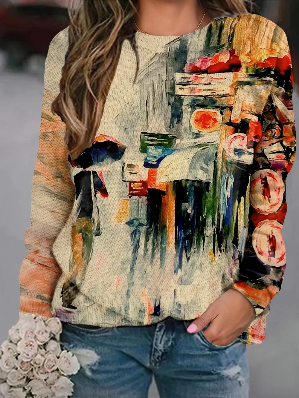 Graphic Print Crew Neck Sweater Casual Long