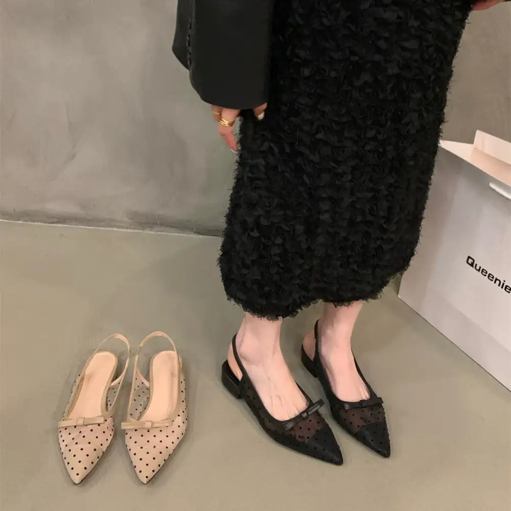 Bow Mesh Low Heel Sandals