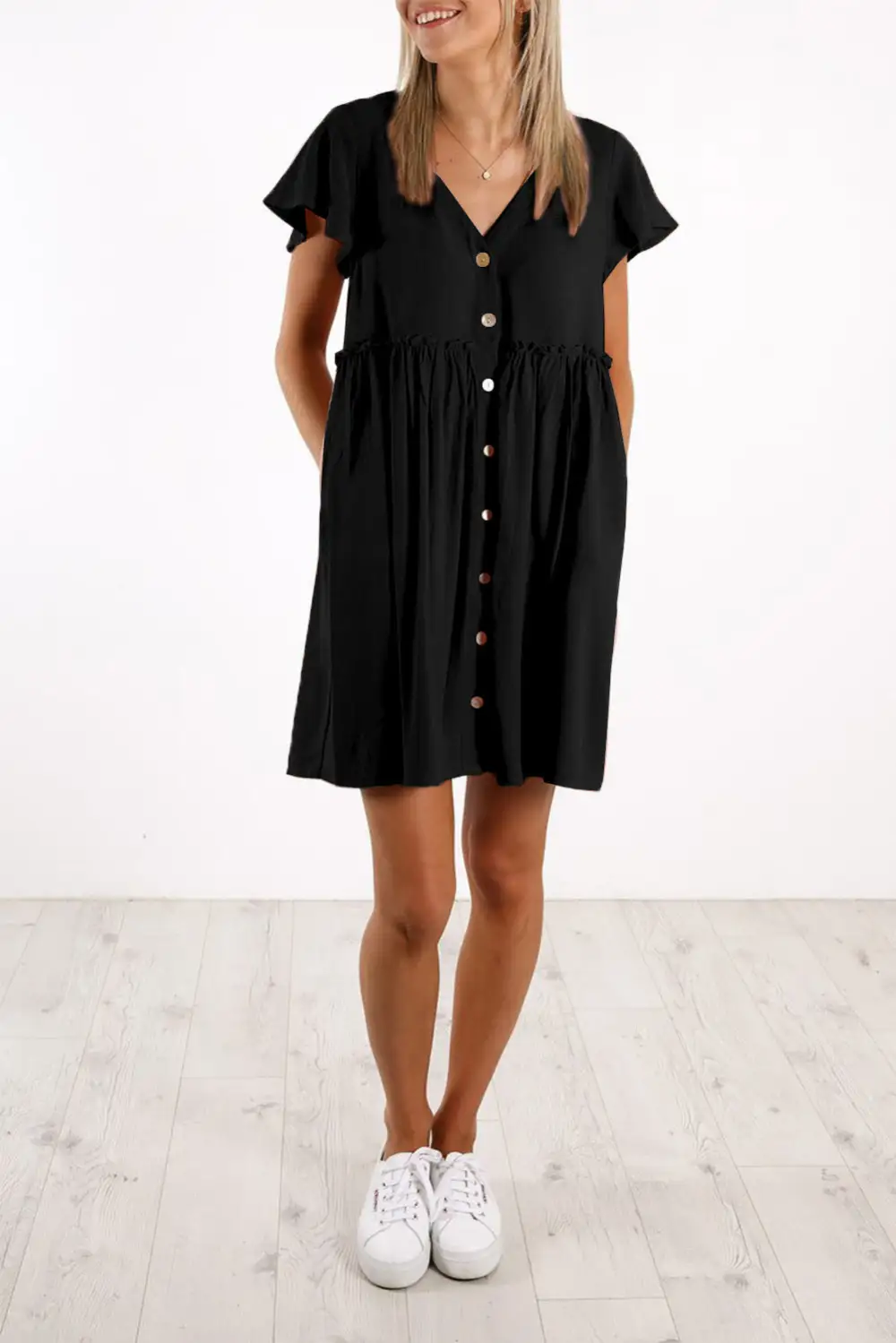V Neck Buttoned Empire Waist Babydoll Mini Dress
