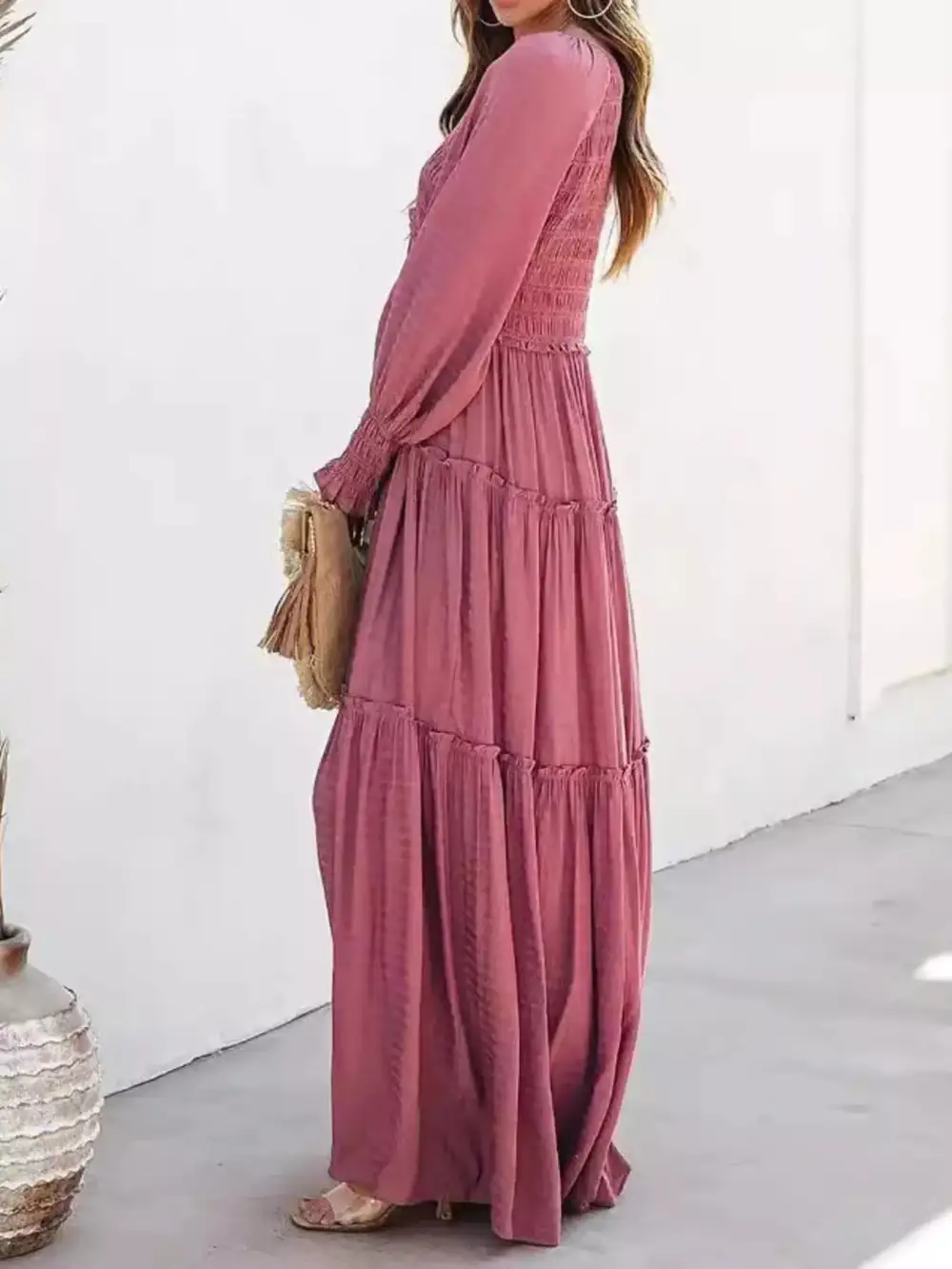 V Neck Tiered Long Sleeve Maxi Dress