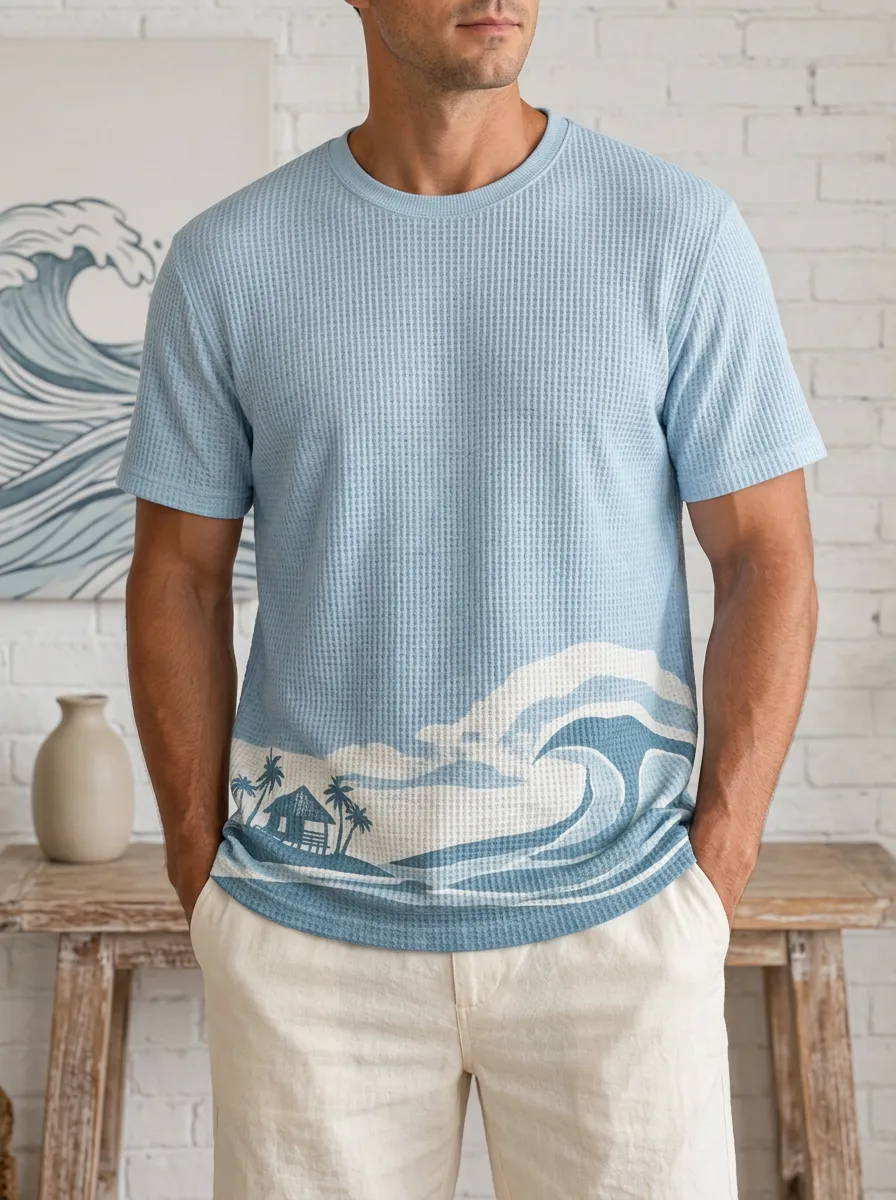 Men's Beach Lover Tropical Wave Palm Tree Waffle Crew Neck T-Shirt