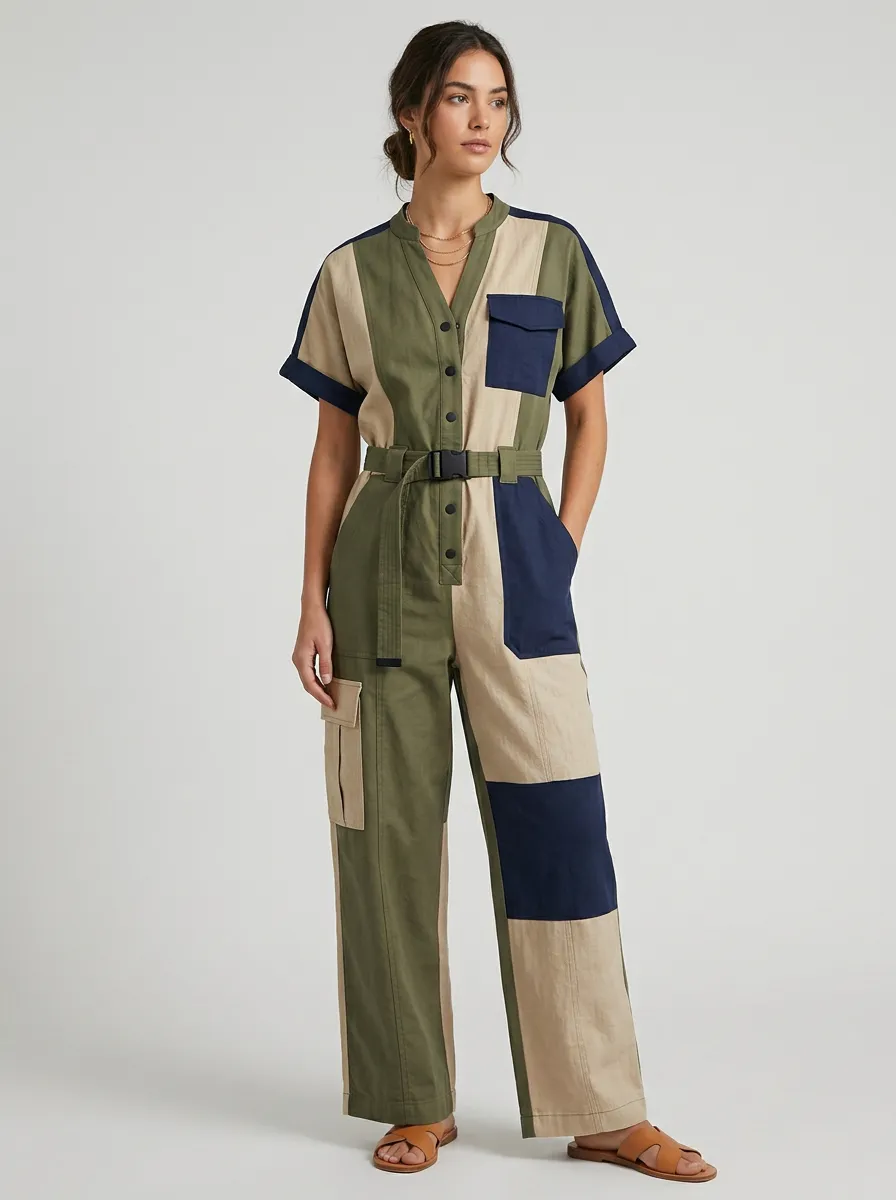 Women's Casual Utility Colorblock Patchwork Belted Jumpsuit