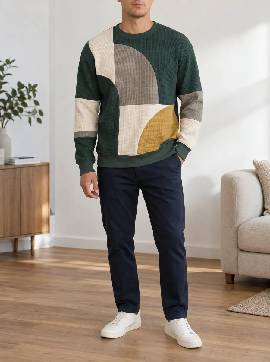Men's Forest Green Colorblock Waffle Crewneck Pullover Sweatshirt
