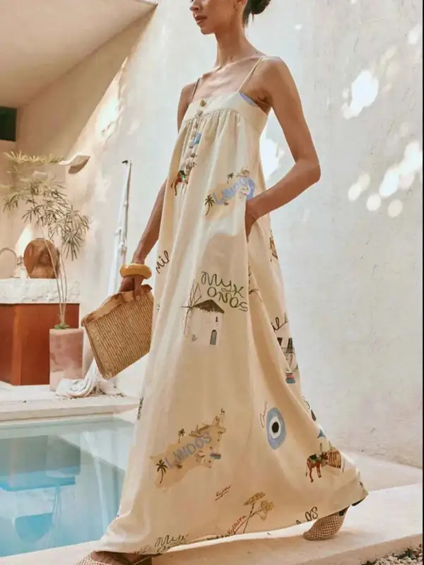 Bohemian Printed Cami Maxi Dress with Pockets