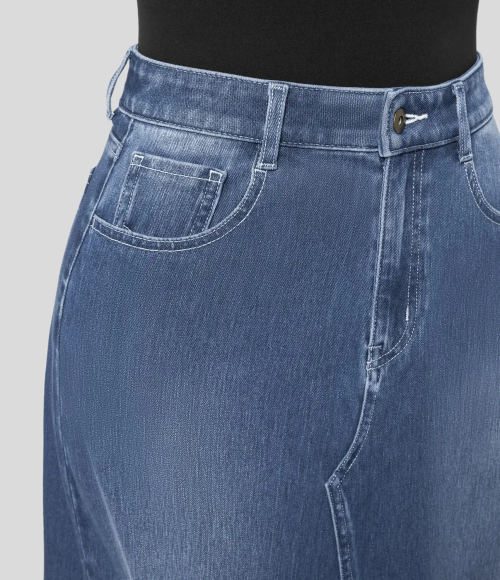 Magic Mid Rise Button Zipper Multiple Pockets Split A Line Stretchy Knit Denim Maxi Casual Skirt