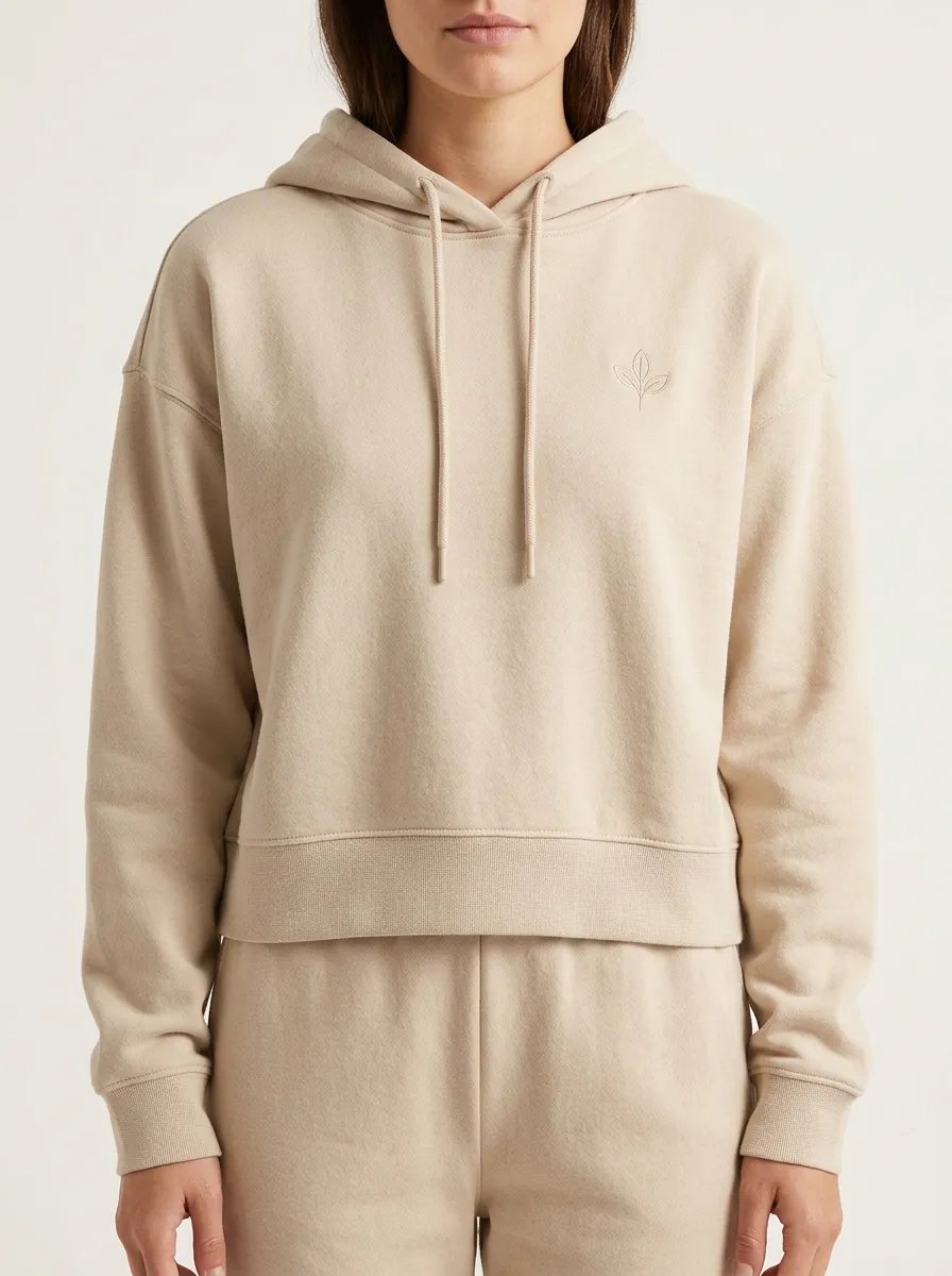 Women's Minimalist Leaf Logo Embroidered Beige Hoodie