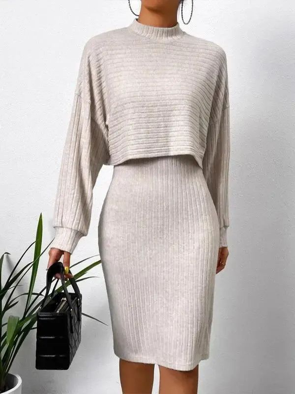 Fashion Pit Strip Long Sleeve Top Slip Skirt Suit