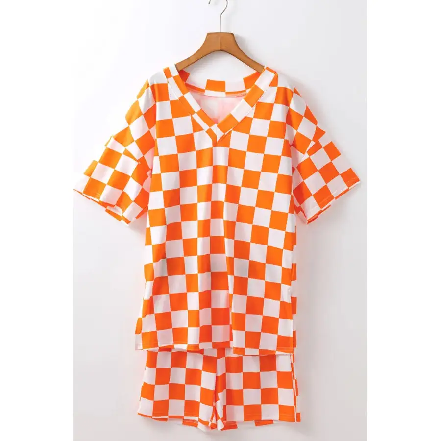 Checkerboard V Neck Loose Tee and Shorts Set