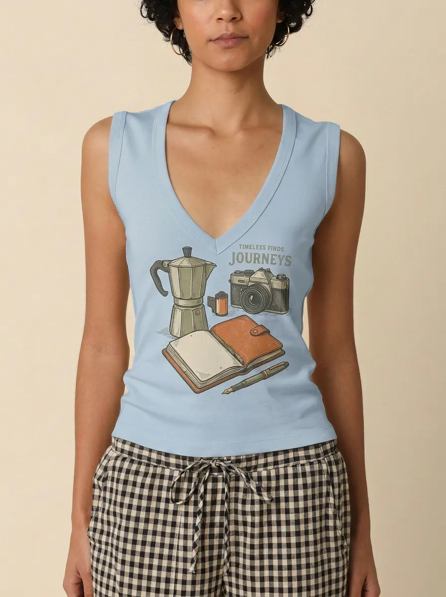 Women's Travel Hobbyist Camera Coffee Journal Printed Tank Top