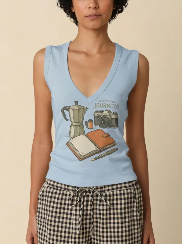 Women's Travel Hobbyist Camera Coffee Journal Printed Tank Top