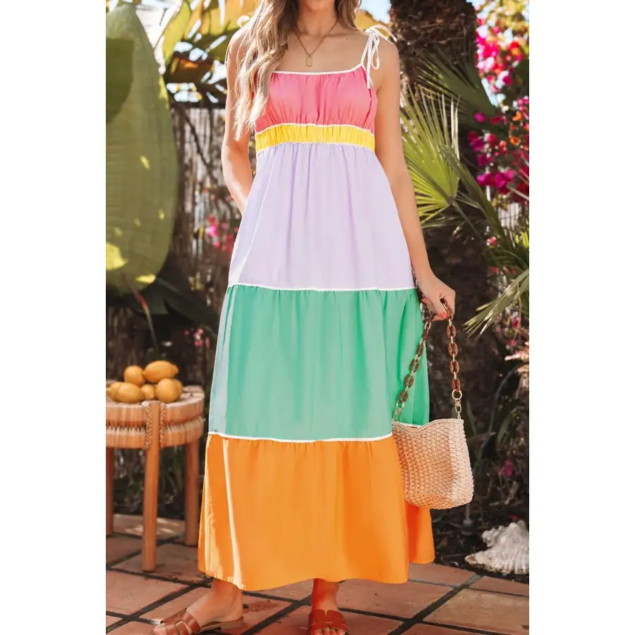 Color Block Flowy Tiered Maxi Dress with Pockets