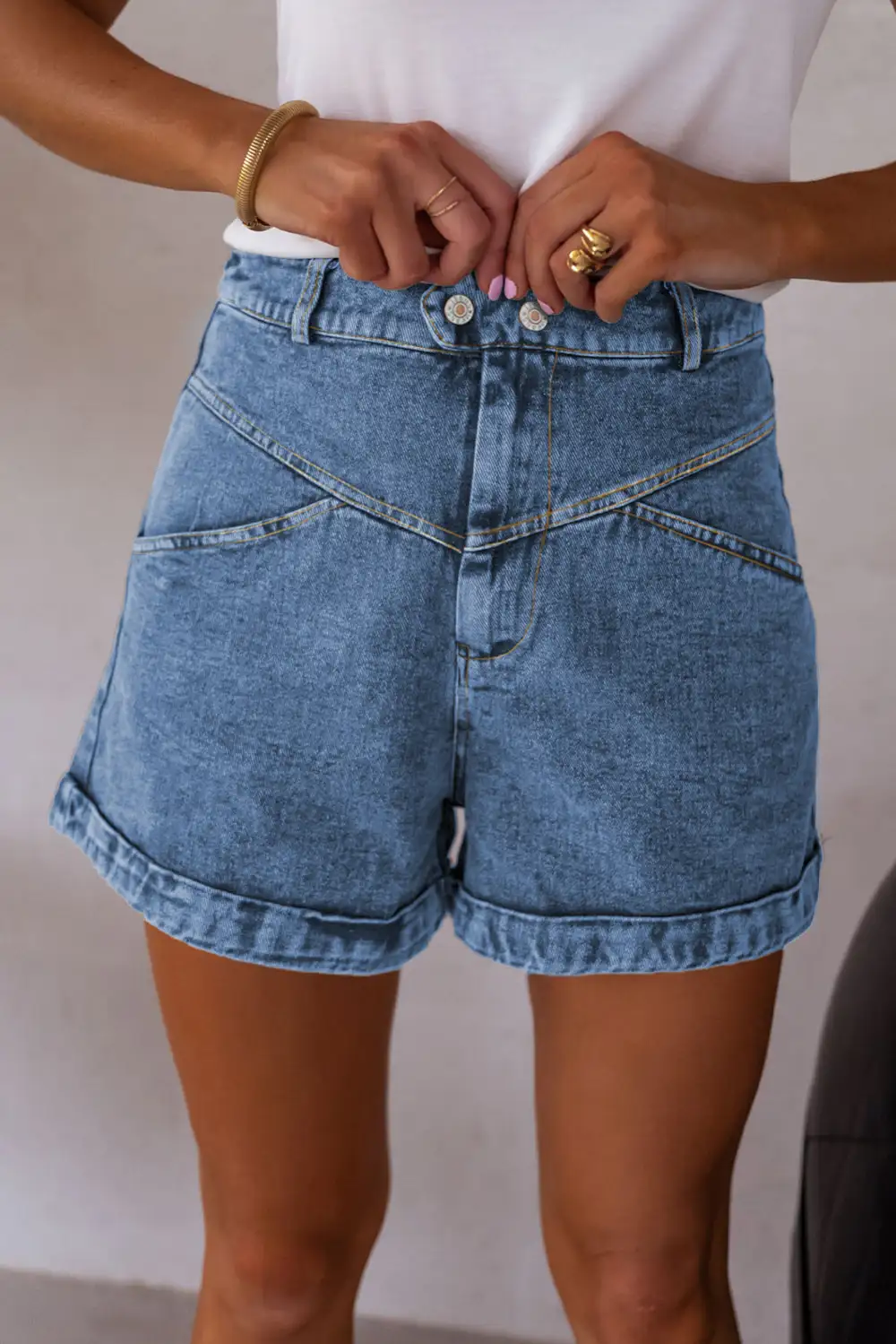 Seam Detail Pocketed Cuffed Hem Denim Shorts