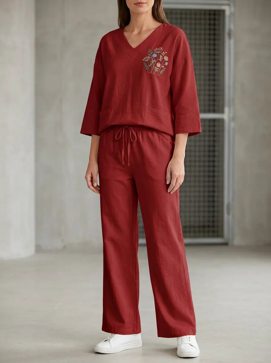 Women's Floral Embroidered Three-Quarter-Sleeve V-Neck Top And Patch-Pocket Wide-Leg Trouser Lounge Set